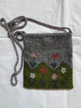 Handmade Beaded Floral Crossbody Bag With Adjustable Strap – Green & Gray